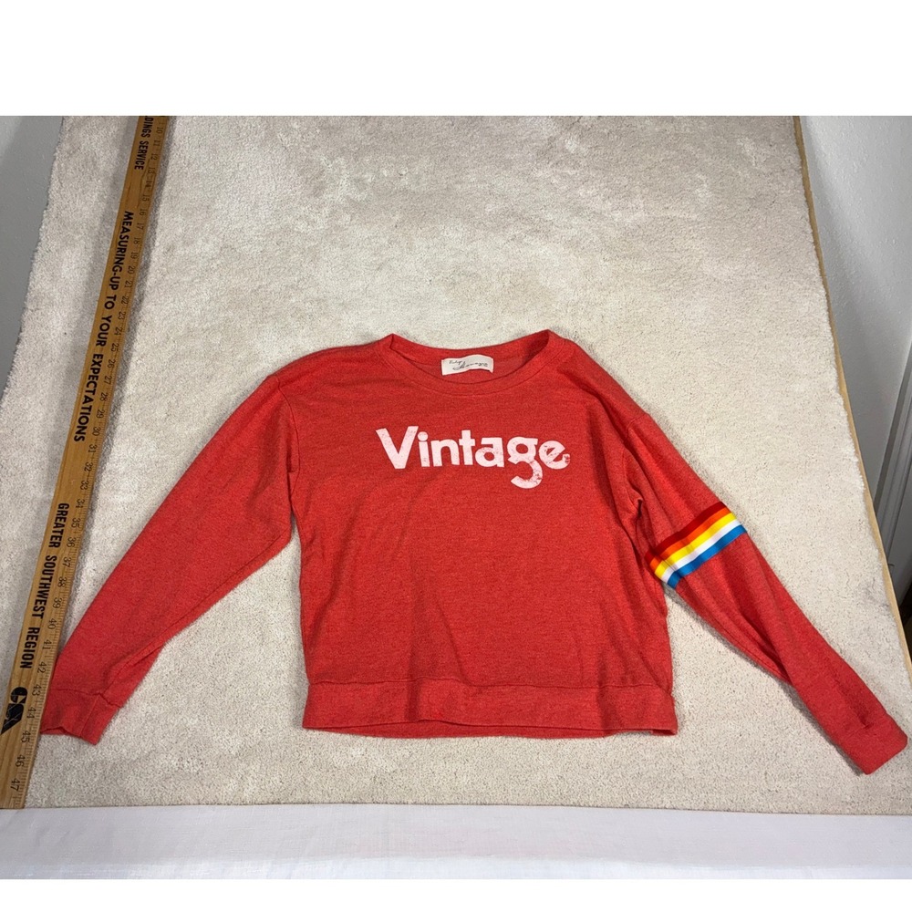 Vintage Havana Womens Red Rainbow Stripe Sleeve Vintage Graphic Sweatshirt Small